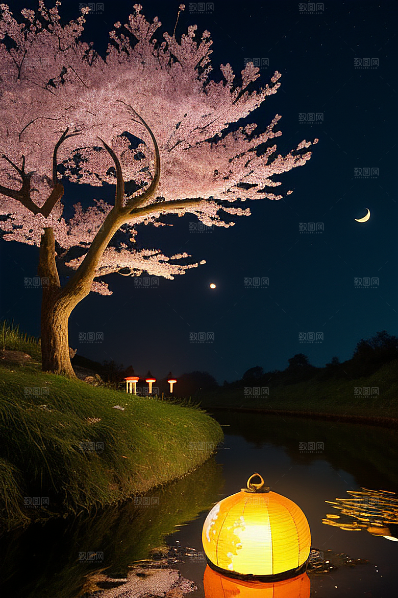 梦幻色彩月亮与灯笼