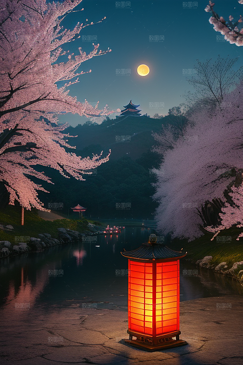 浪漫之夜樱花与圆月