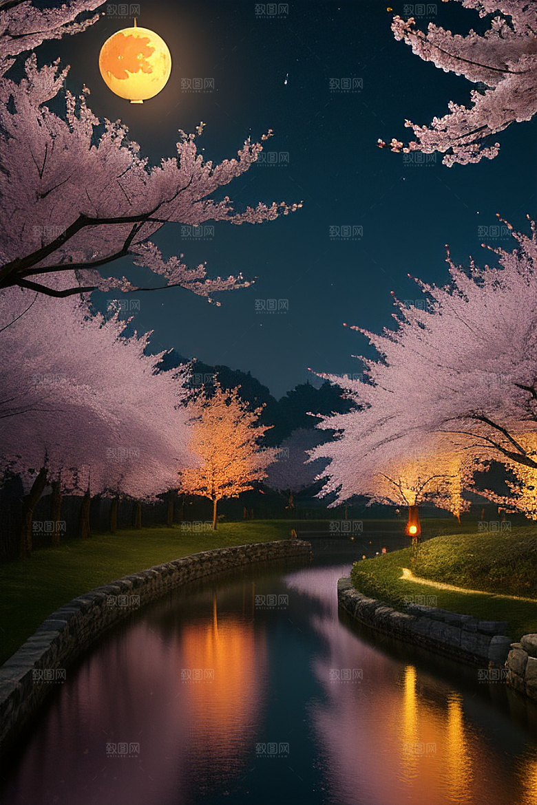 浪漫之夜樱花与圆月