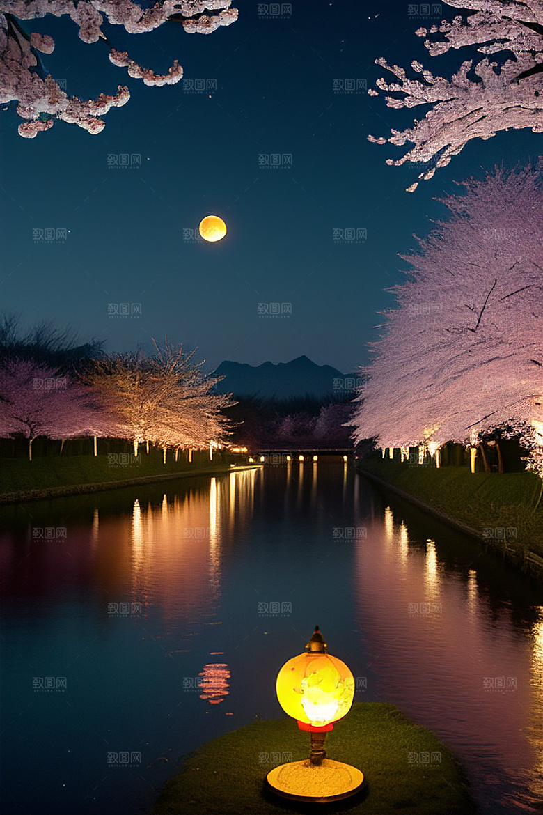 浪漫之夜樱花与圆月