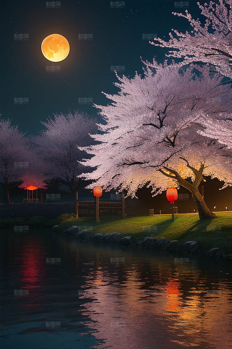 浪漫之夜樱花与圆月