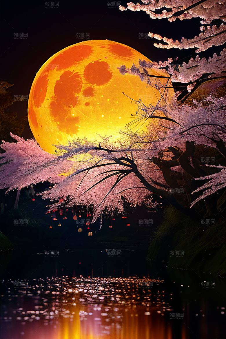 浪漫之夜樱花与圆月