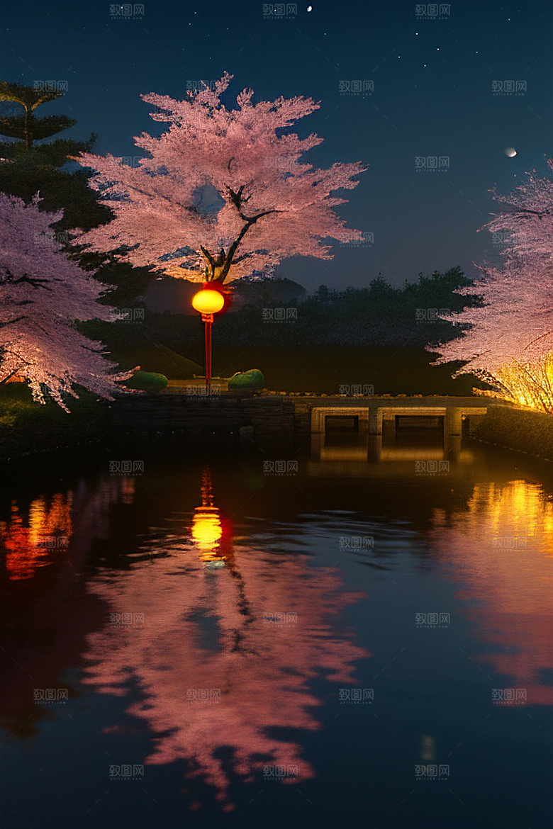 浪漫之夜樱花与圆月