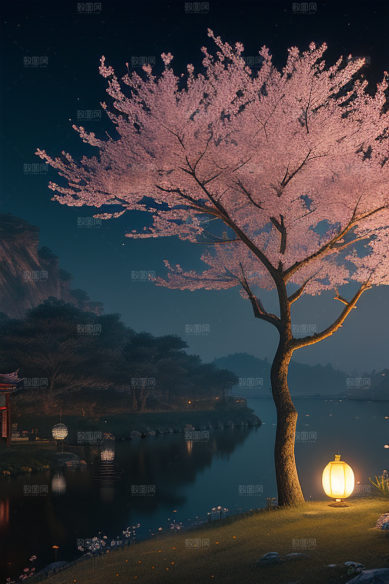 浪漫之夜樱花与圆月