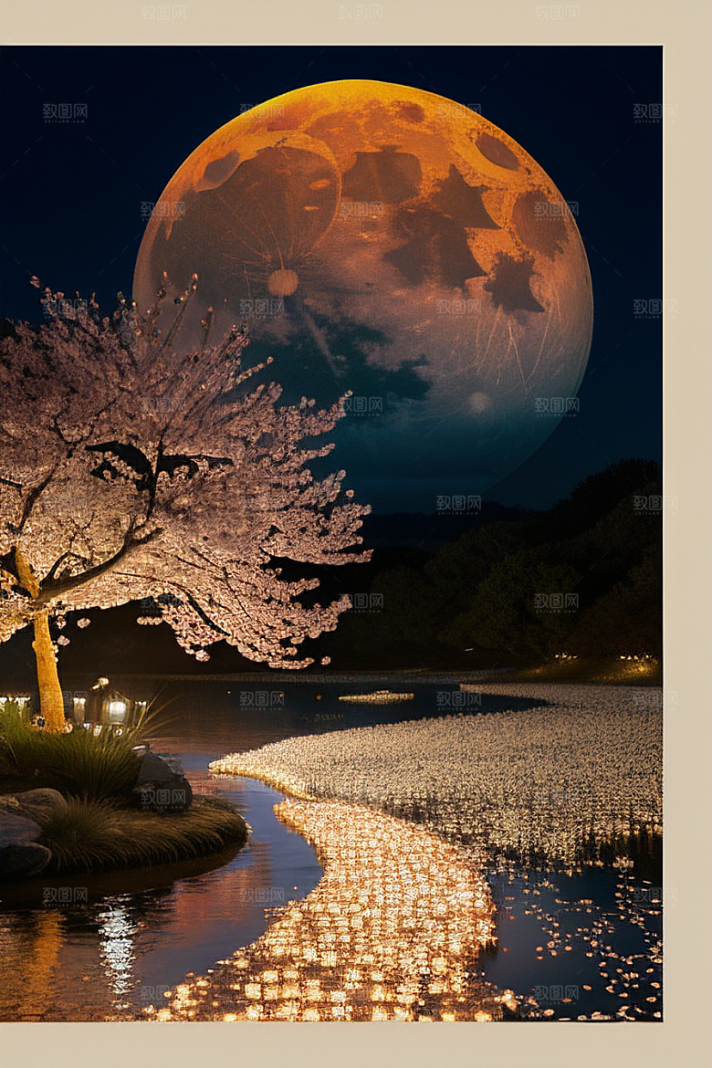 浪漫之夜樱花与圆月