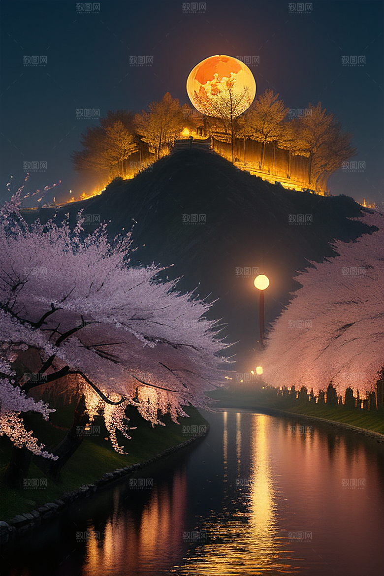 浪漫之夜樱花与圆月