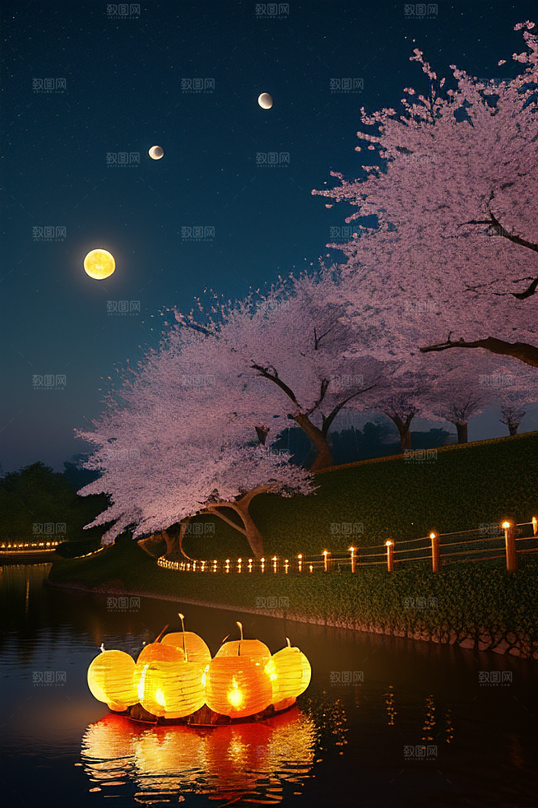 浪漫之夜樱花与圆月