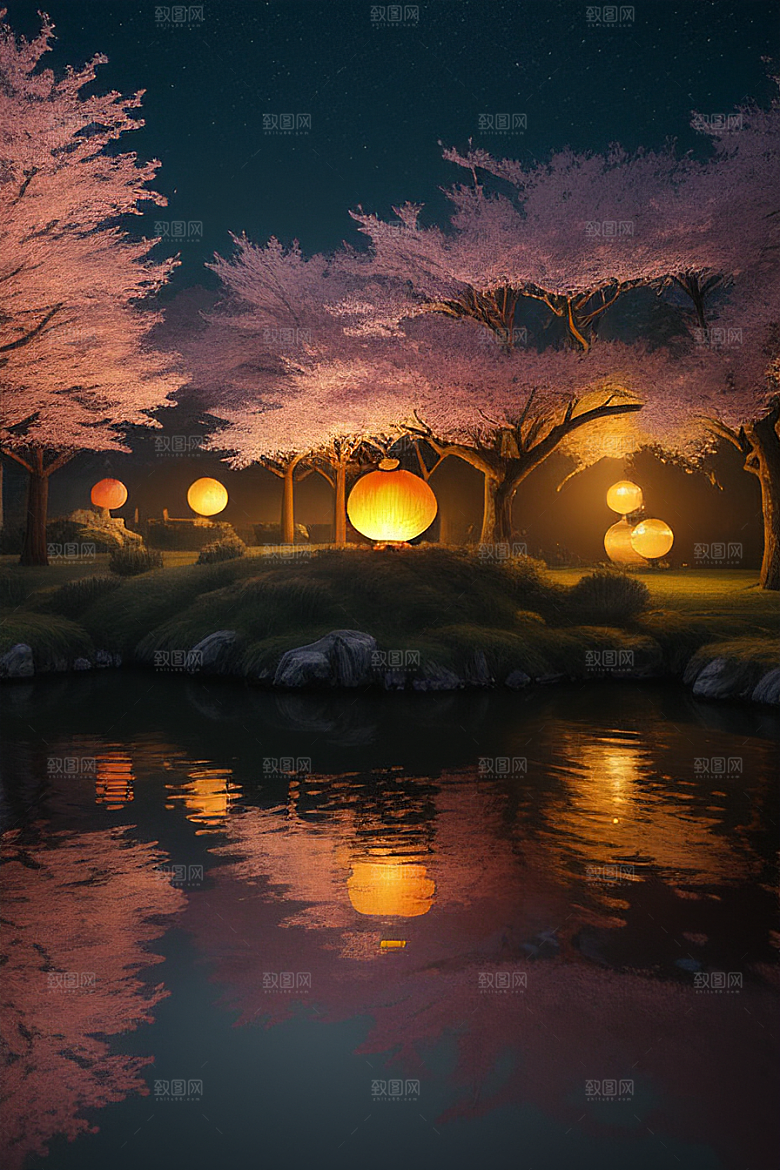 浪漫之夜樱花与圆月