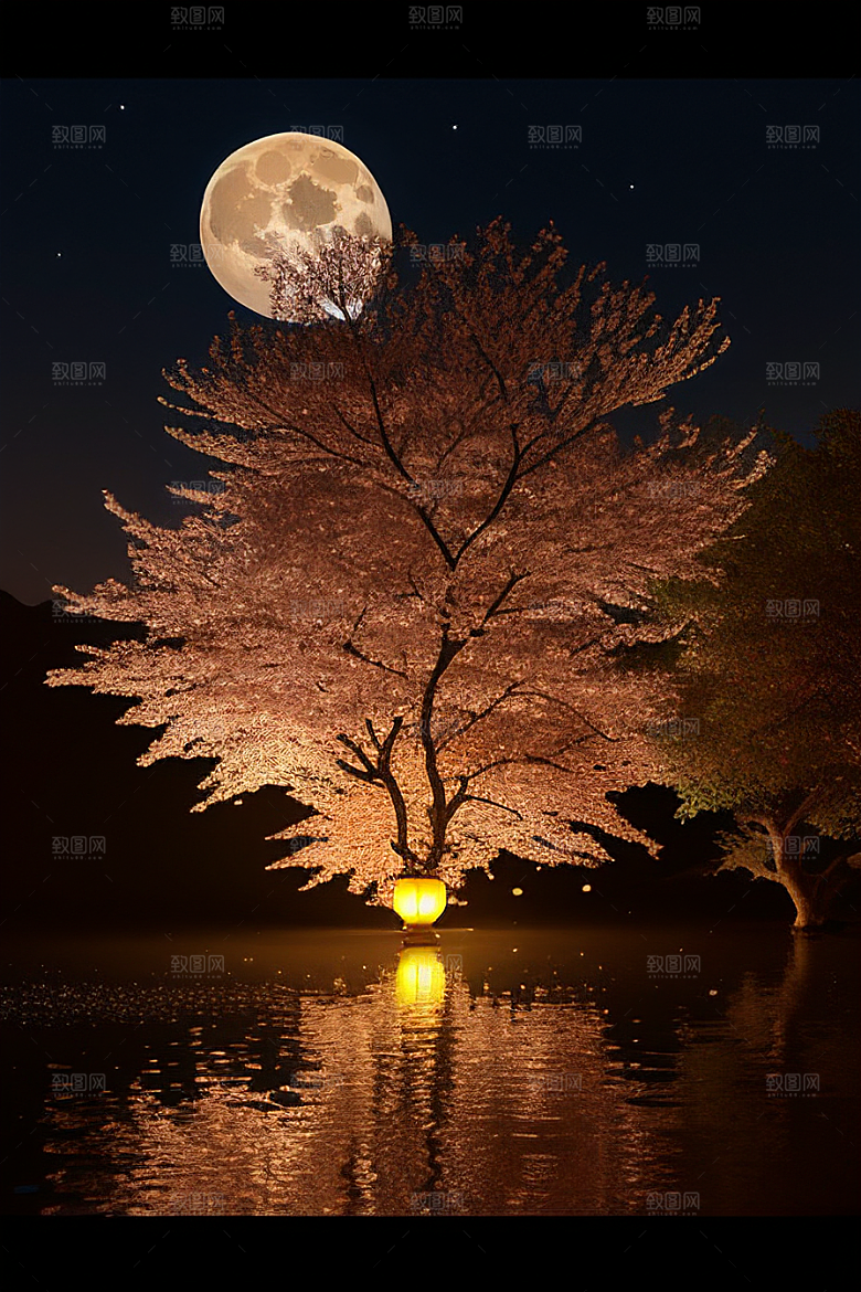 浪漫之夜樱花与圆月