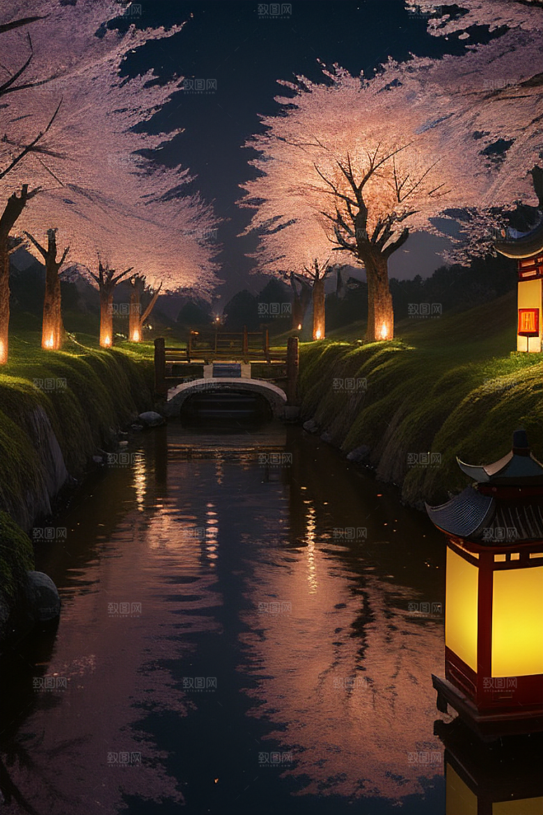 浪漫之夜樱花与圆月