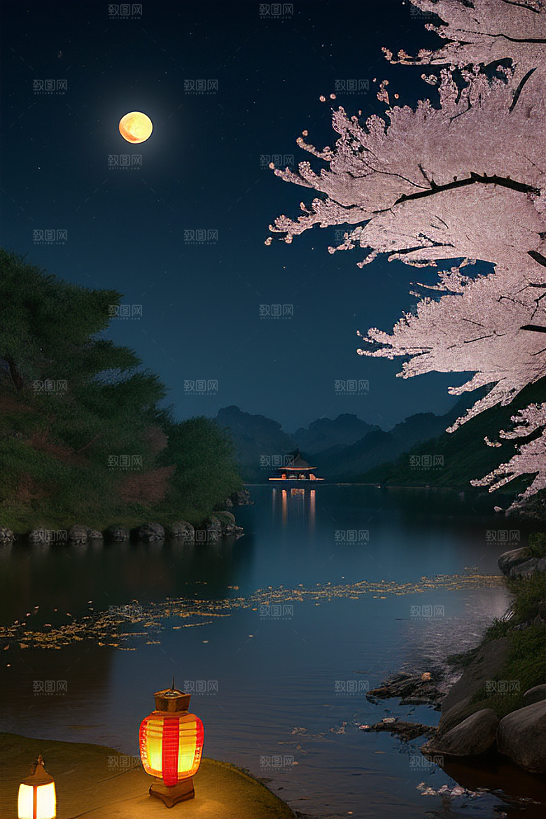 浪漫之夜樱花与圆月