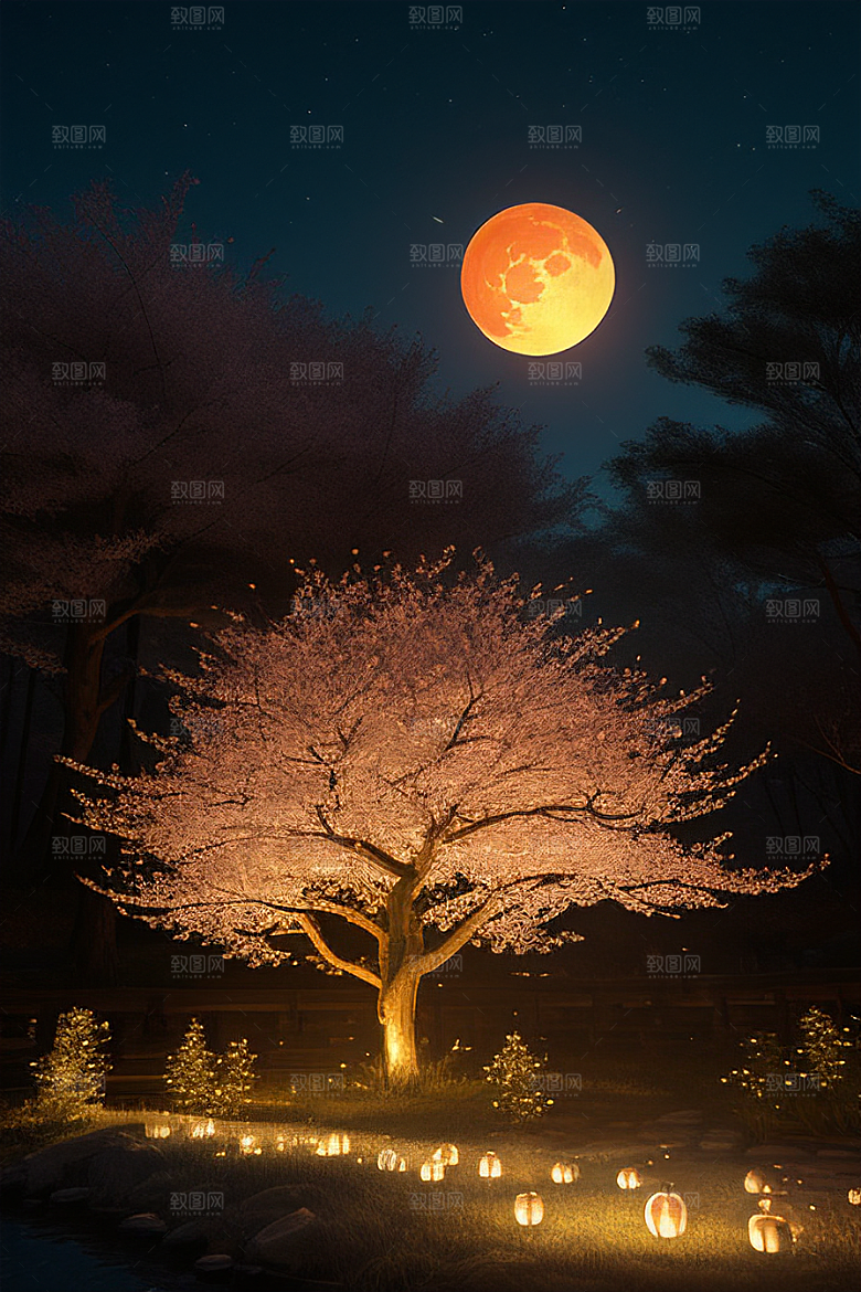 浪漫之夜樱花与圆月