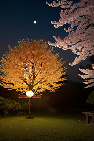 中秋月圆夜樱花与美景