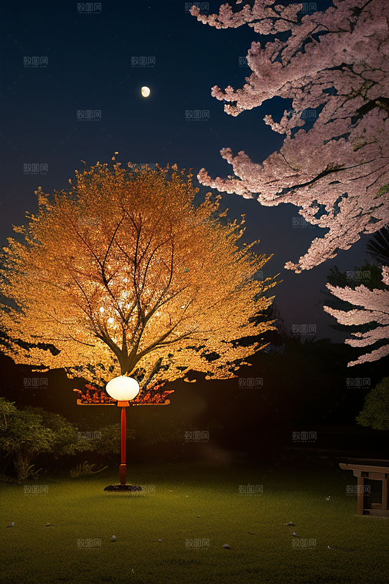 中秋月圆夜樱花与美景