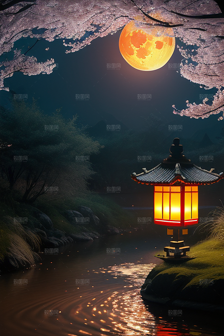 中秋月圆夜樱花与美景
