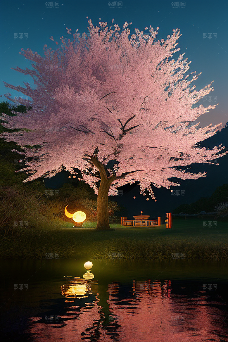 中秋月圆夜樱花与美景