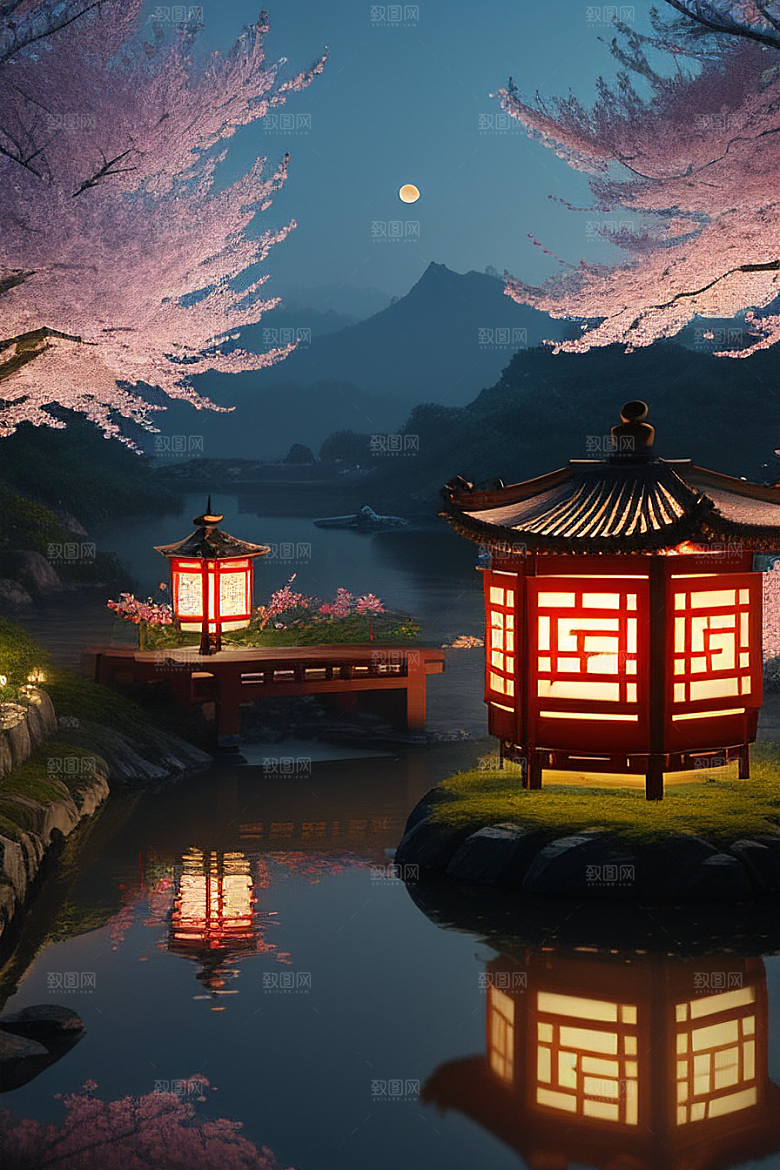 中秋月圆夜樱花与美景