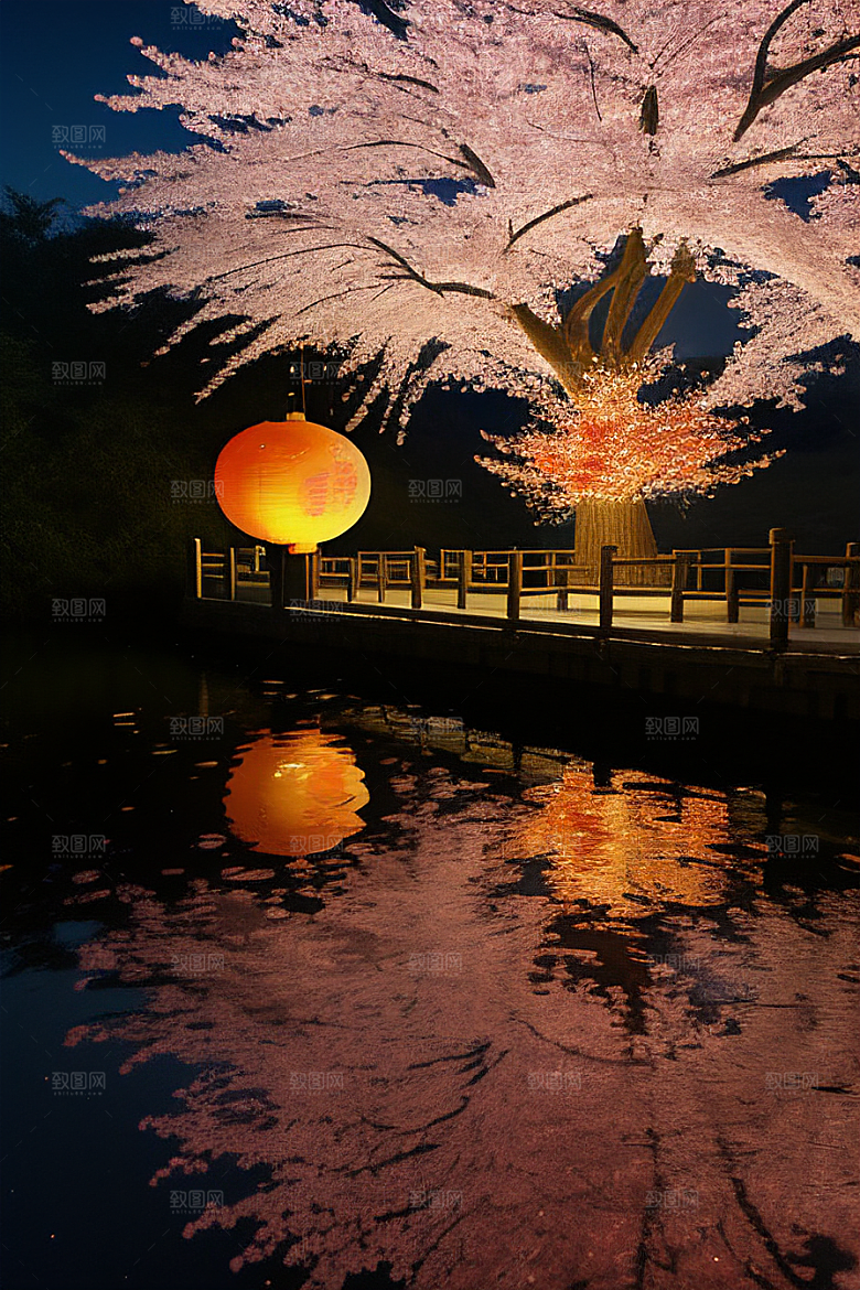中秋月圆夜樱花与美景
