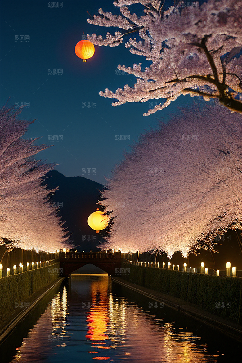 中秋月圆夜樱花与美景