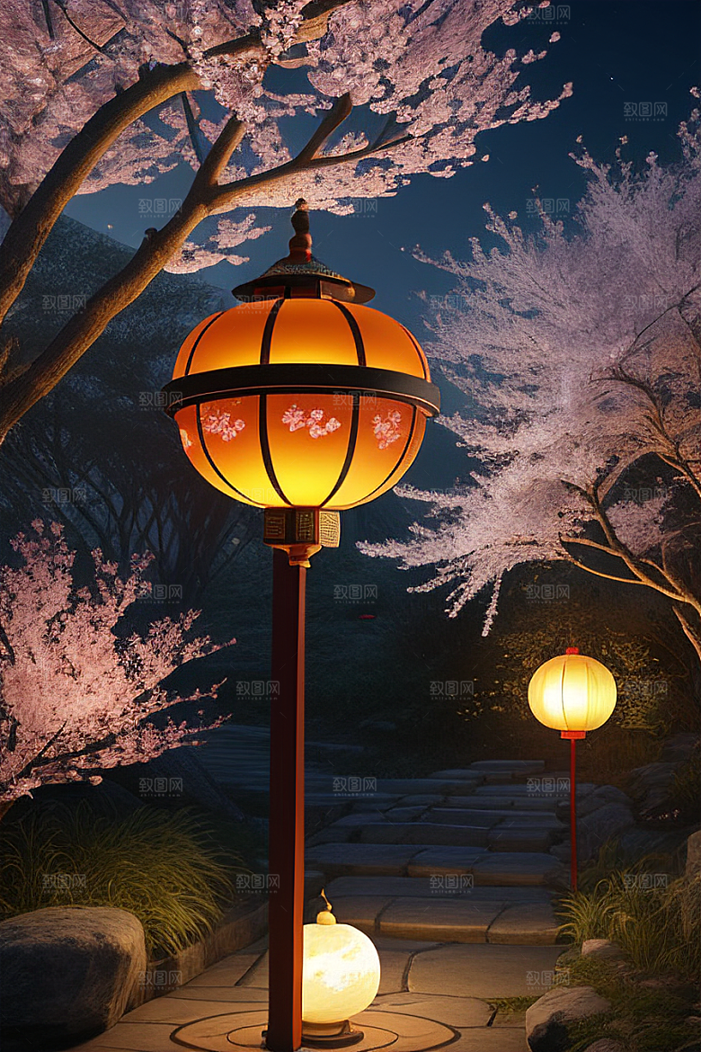 中秋月圆夜樱花与美景