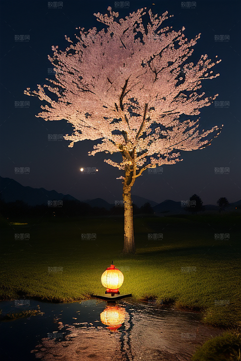 中秋月圆夜樱花与美景