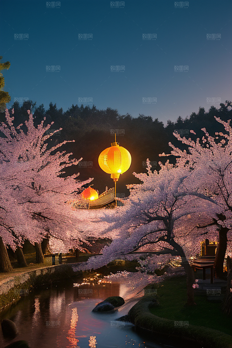 中秋月圆夜樱花与美景