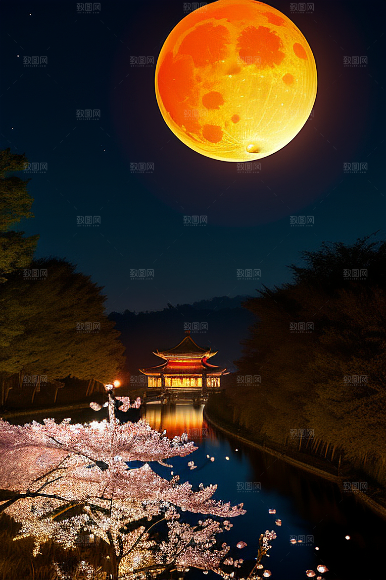 中秋月圆夜樱花与美景