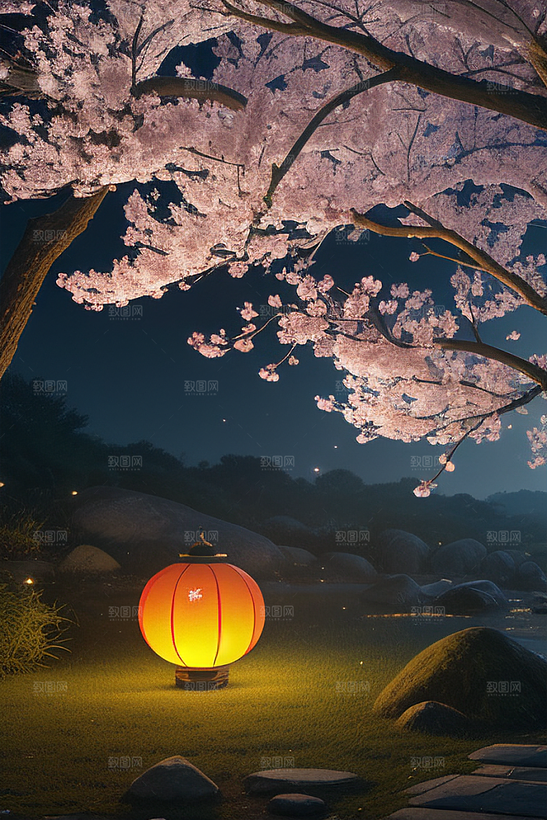 中秋月圆夜樱花与美景