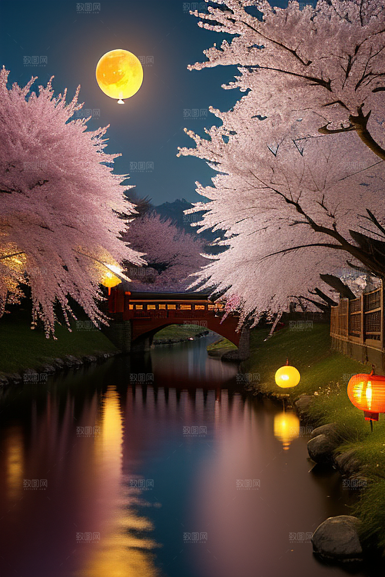 中秋月圆夜樱花与美景