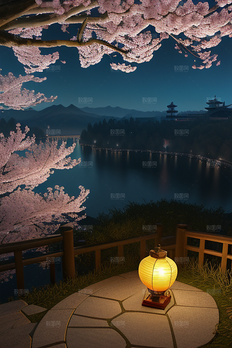 中秋月圆夜樱花与美景