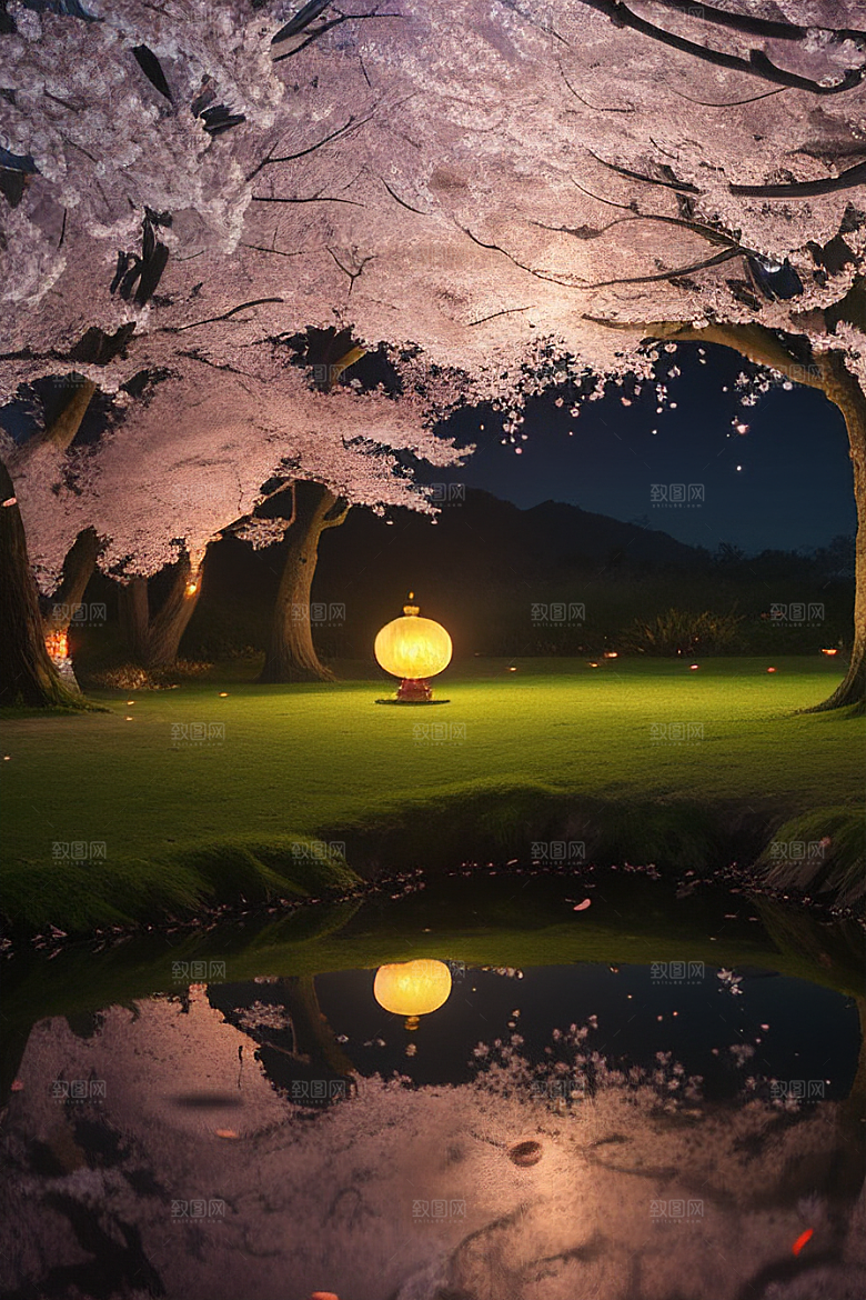 中秋月圆夜樱花与美景