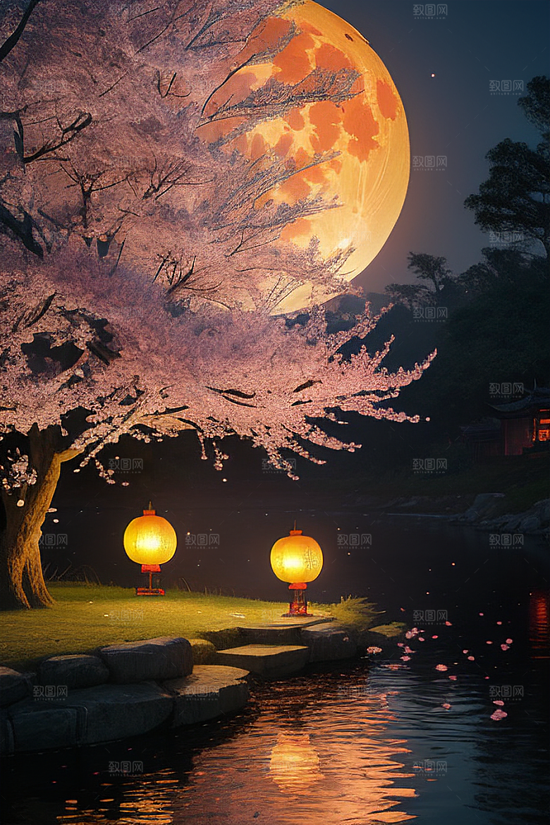 中秋月圆夜樱花与美景