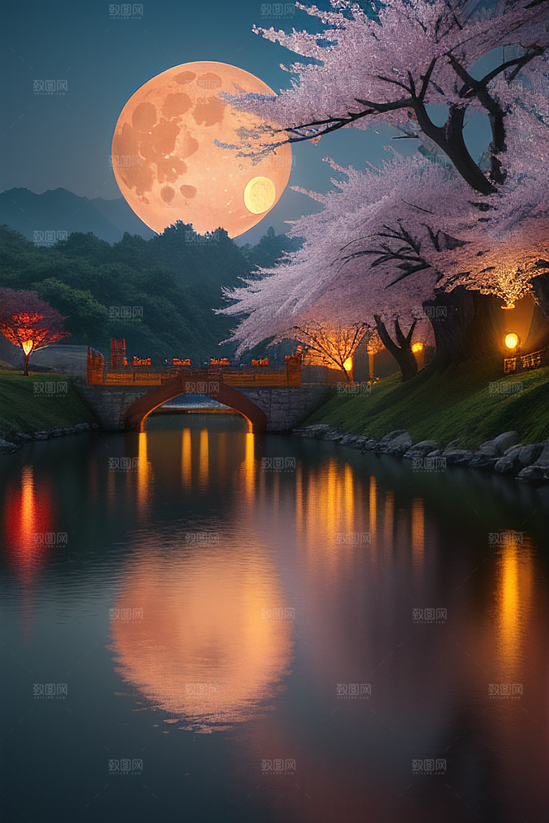 梦幻之夜月色与樱花