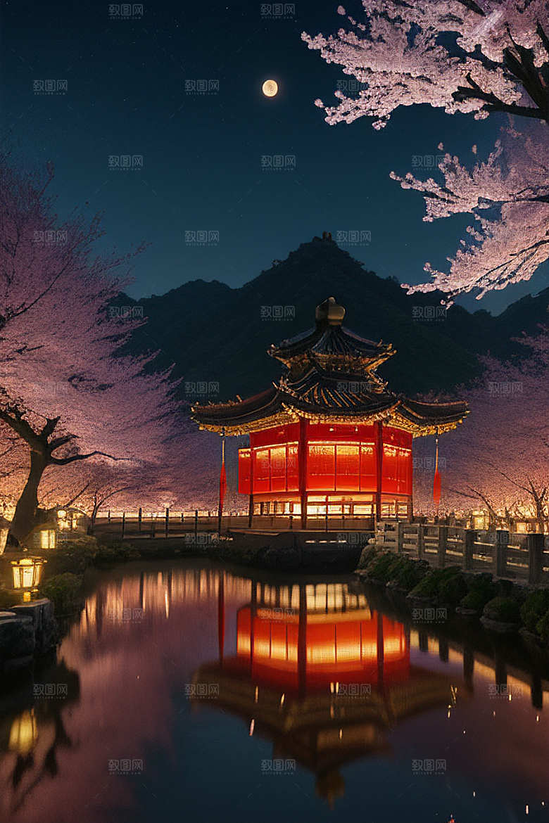 梦幻之夜月色与樱花