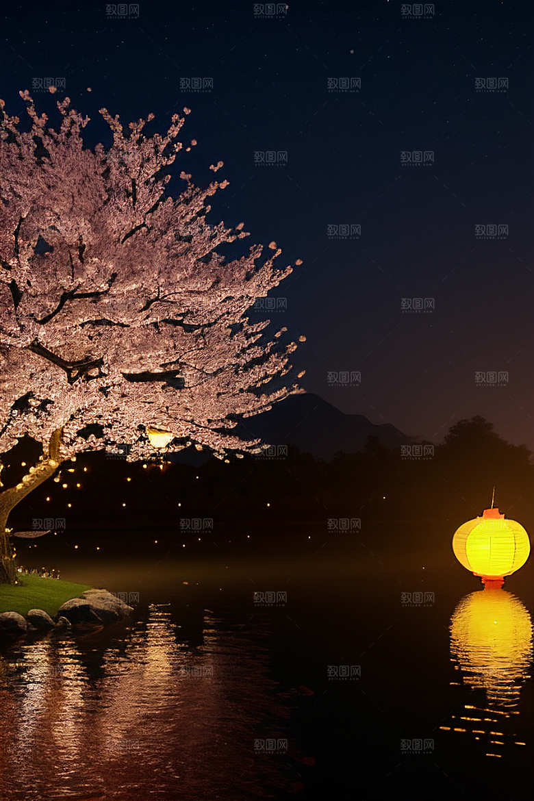 梦幻之夜月色与樱花