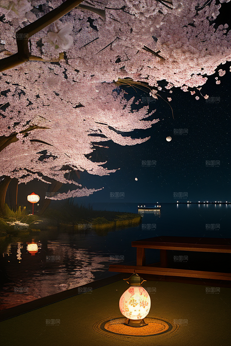 梦幻之夜月色与樱花