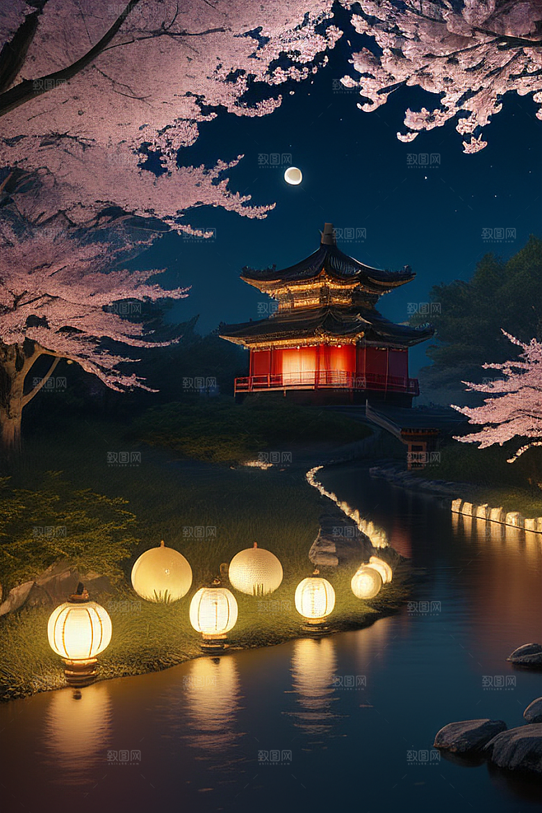 梦幻之夜月色与樱花
