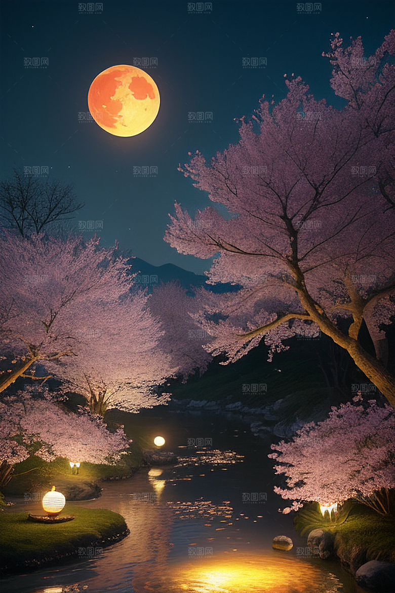 梦幻之夜月色与樱花