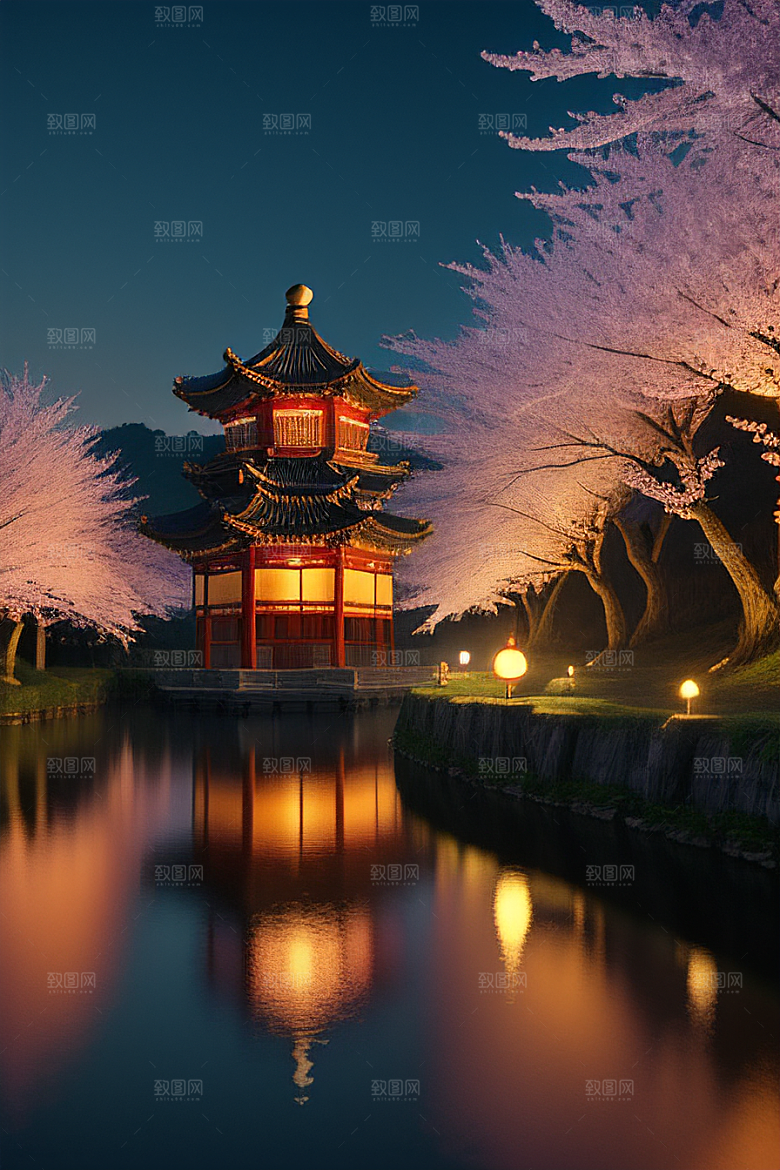 梦幻之夜月色与樱花