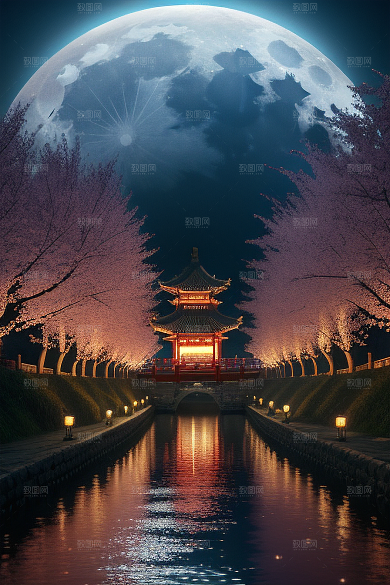 梦幻之夜月色与樱花