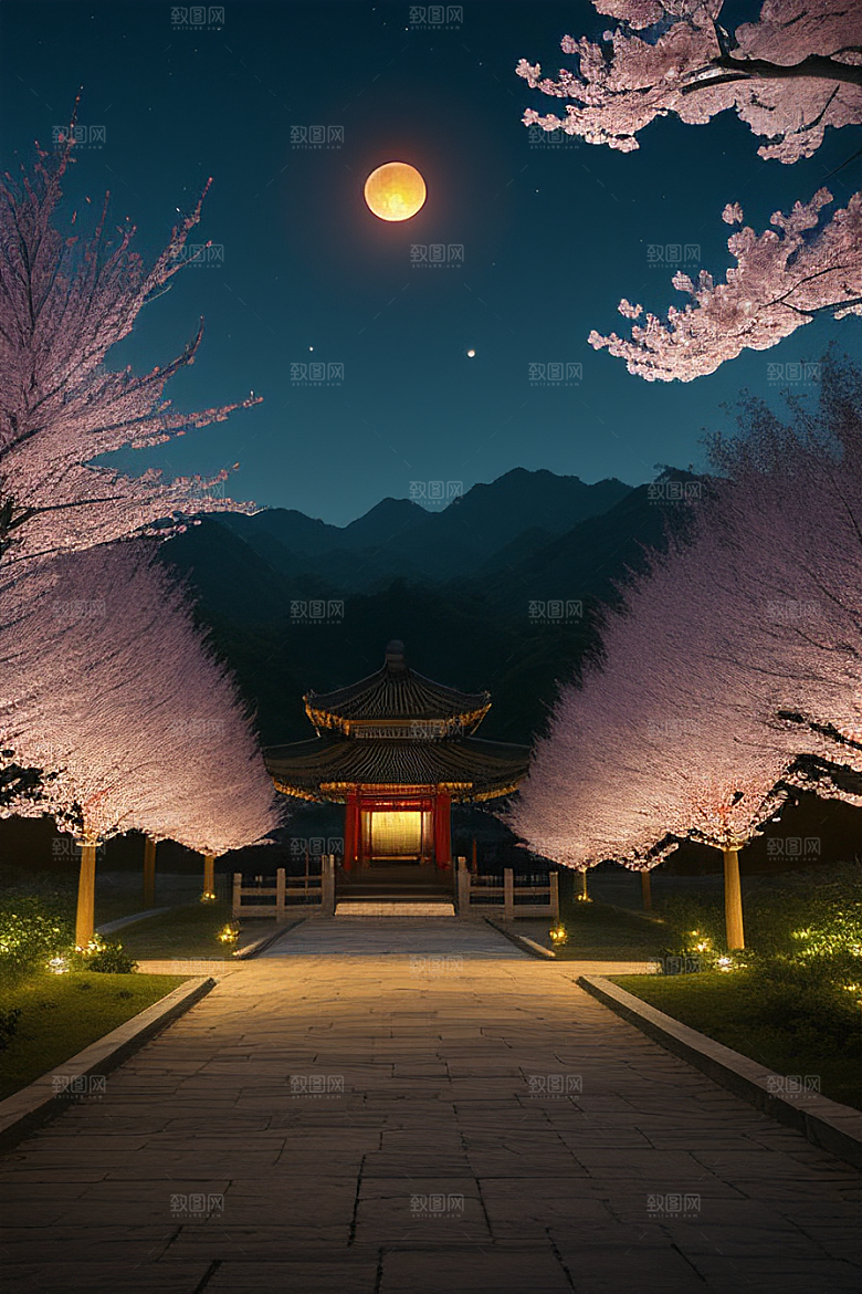 梦幻之夜月色与樱花