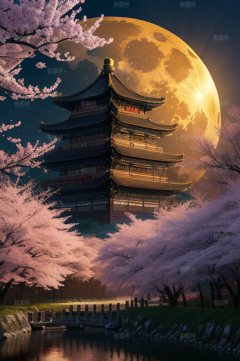 梦幻之夜月色与樱花