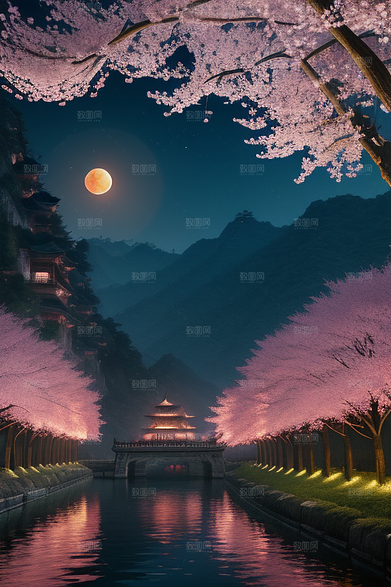 壮丽的自然景观樱花与月亮