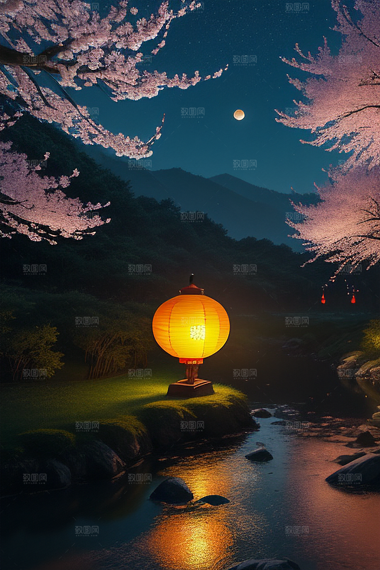 壮丽的自然景观樱花与月亮