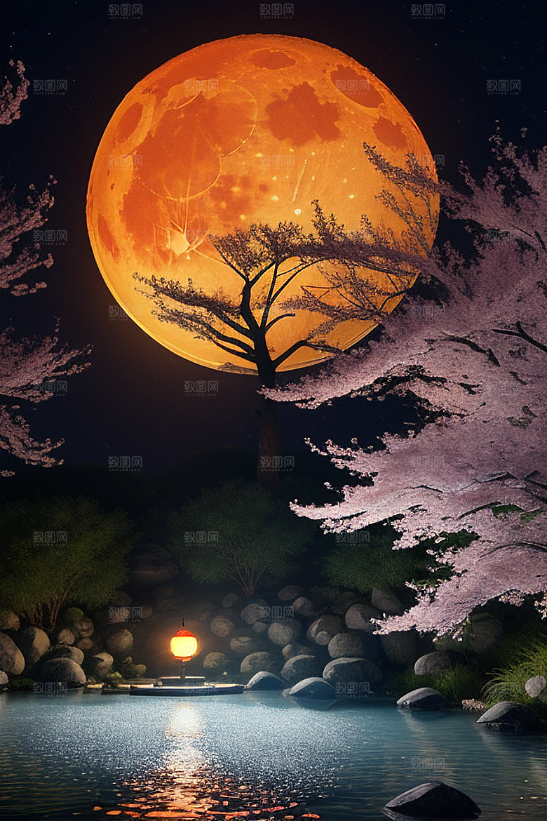 壮丽的自然景观樱花与月亮