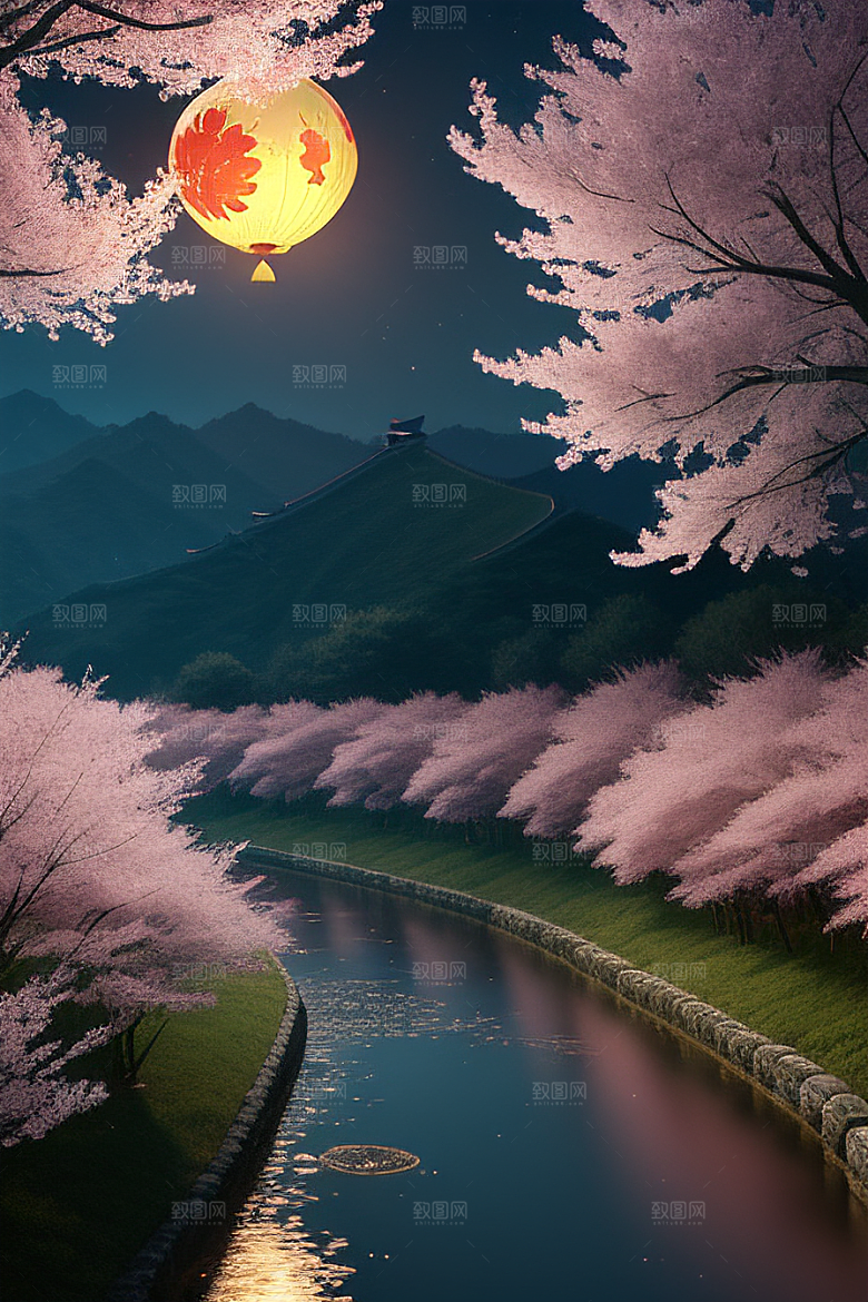 壮丽的自然景观樱花与月亮