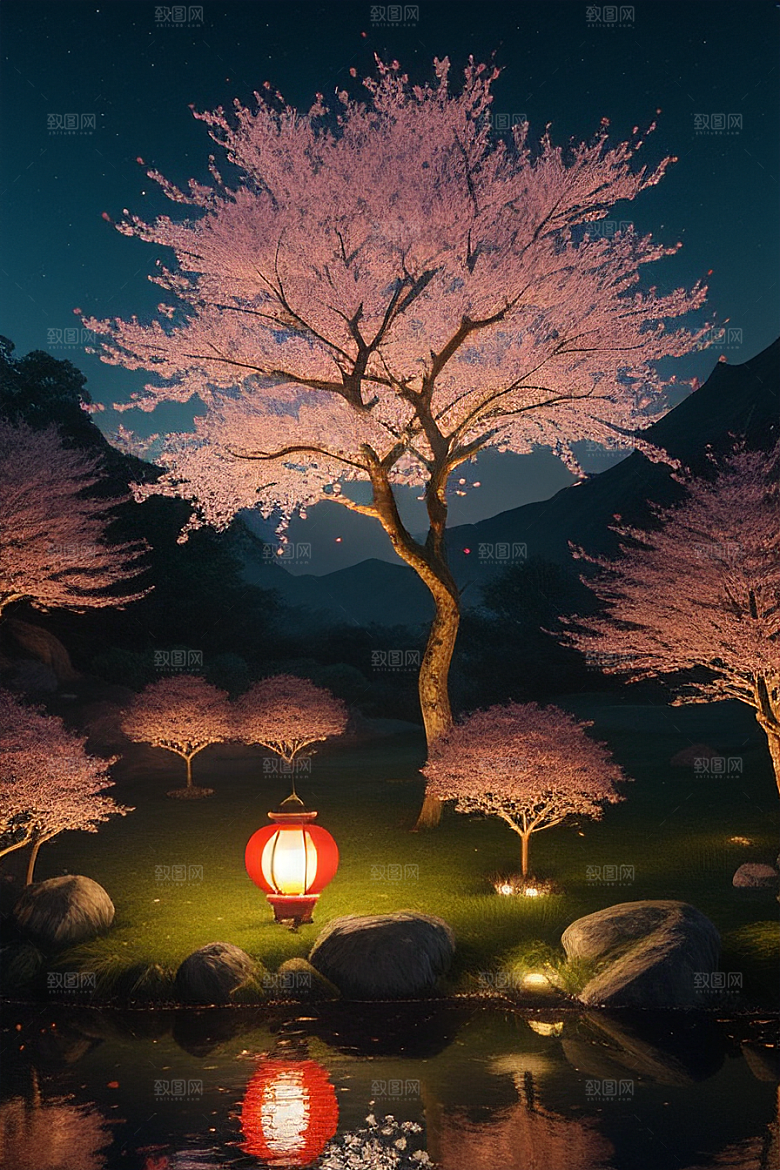 壮丽的自然景观樱花与月亮