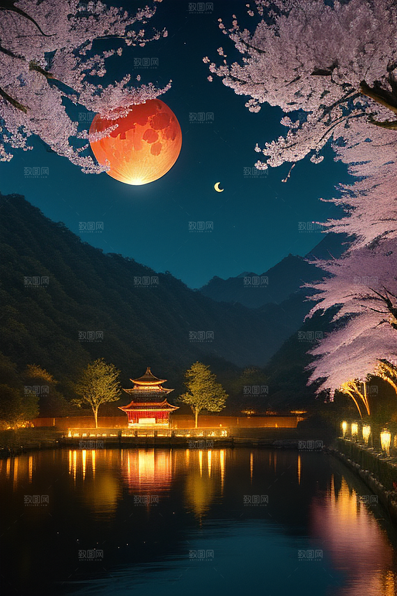 壮丽的自然景观樱花与月亮