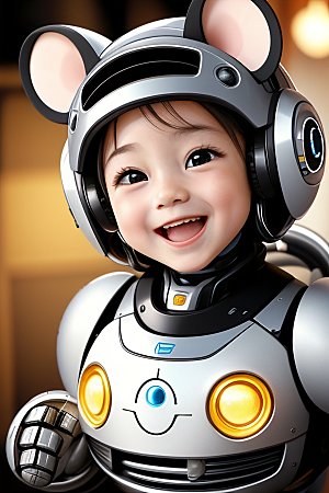 可爱的机器鼠宝宝大眼睛微笑充满喜悦