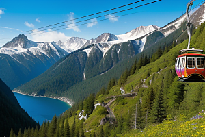 彩色登山缆车的美景盛宴
